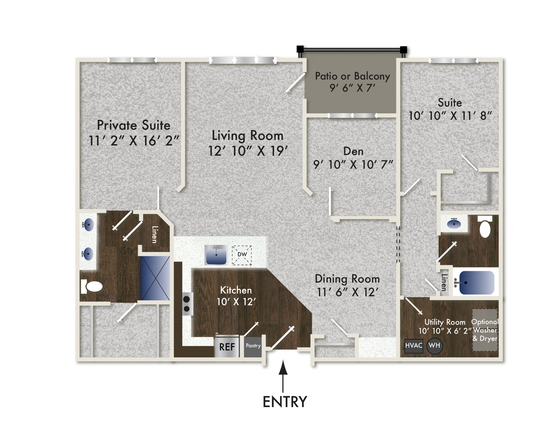 Floor plan for 2 beds, 2 baths, 1375 sqft